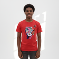 Nigerian teen model wearing red graphic tee – front view