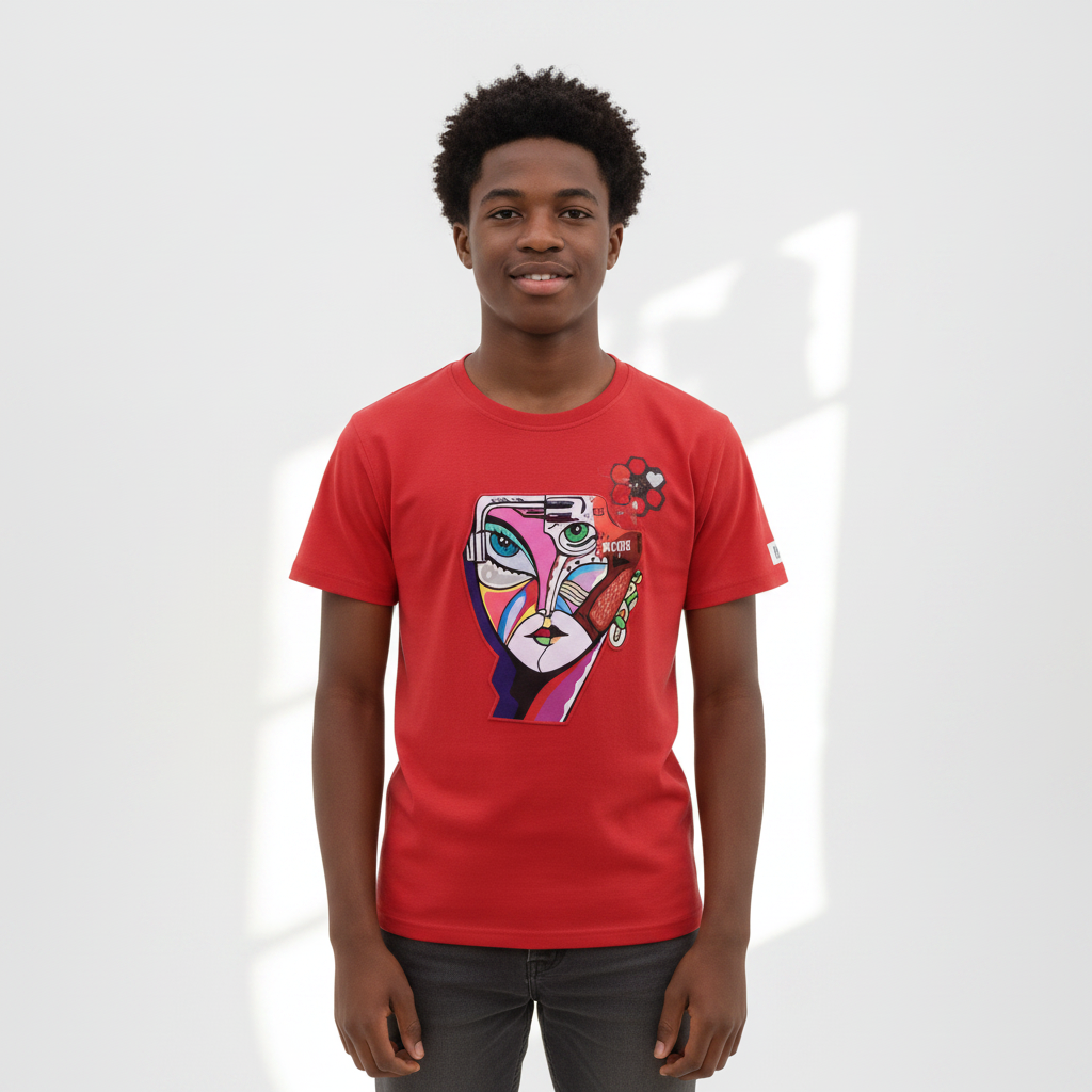 Nigerian teen model wearing red graphic tee – front view