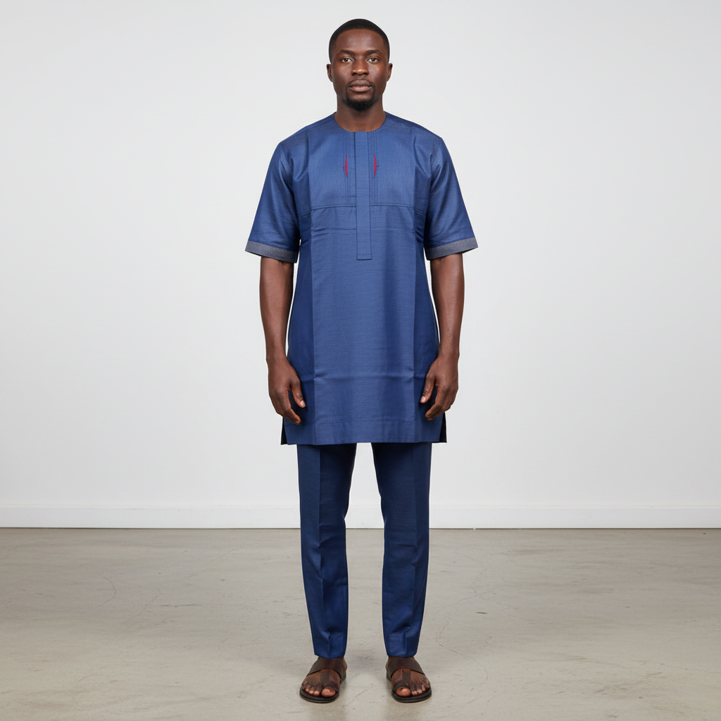 Black Nigerian model wearing the navy Senator Wear set