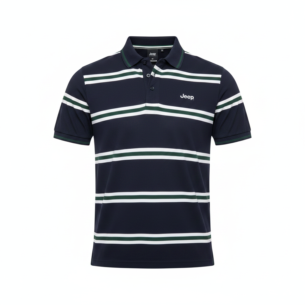Men's navy all-over stripe polo shirt with white and green stripes, ghost mannequin front view