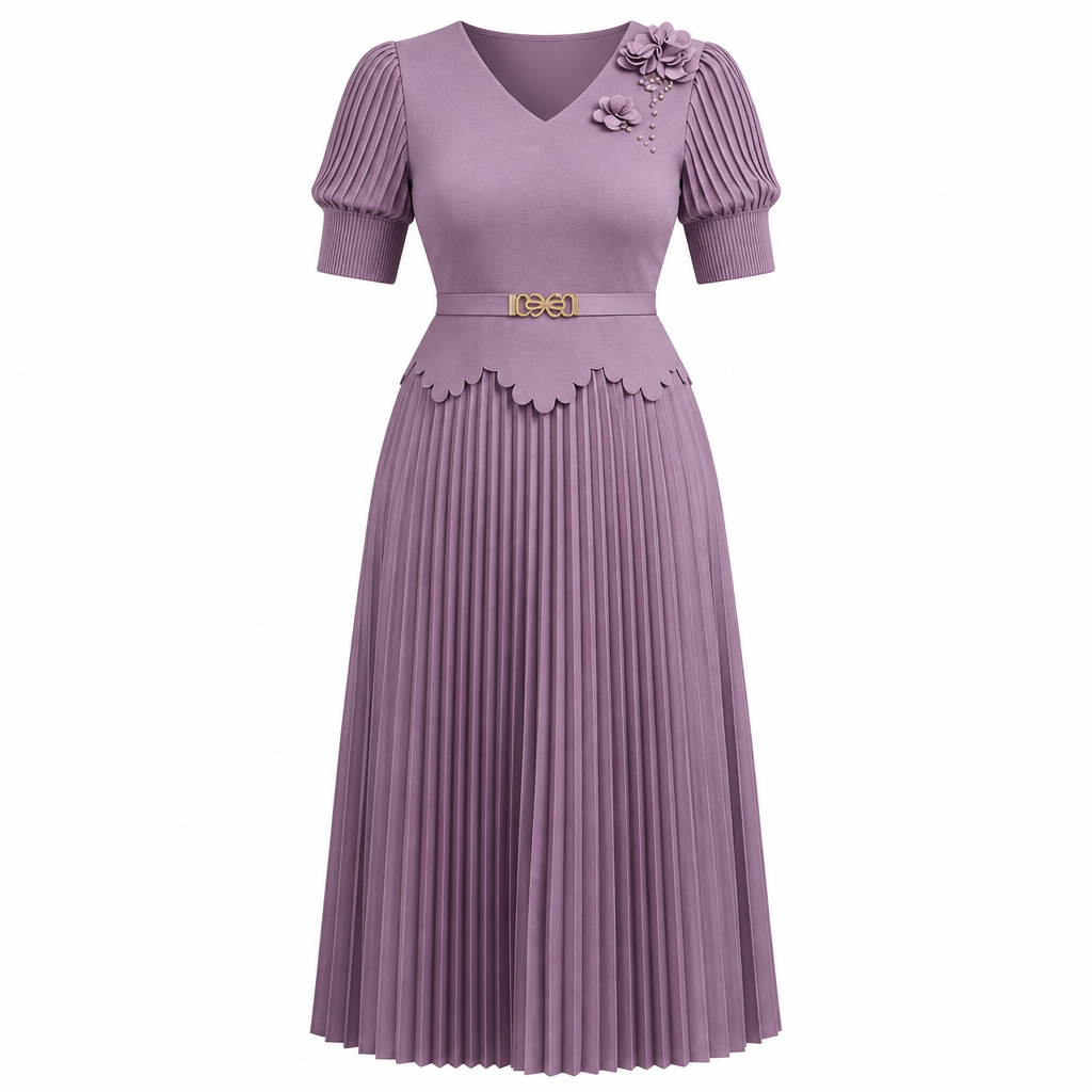 Lilac floral pleated occasion dress on white background
