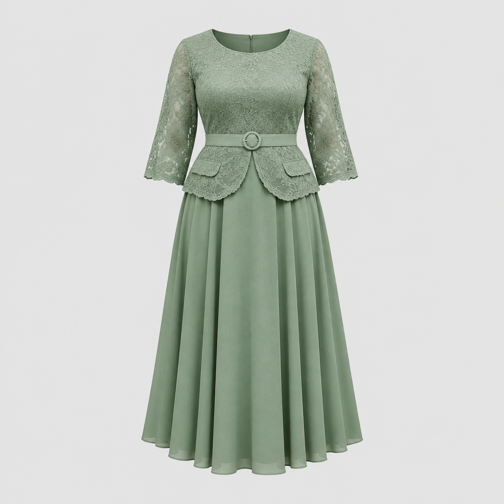 Sage green lace peplum top and pleated midi skirt outfit
