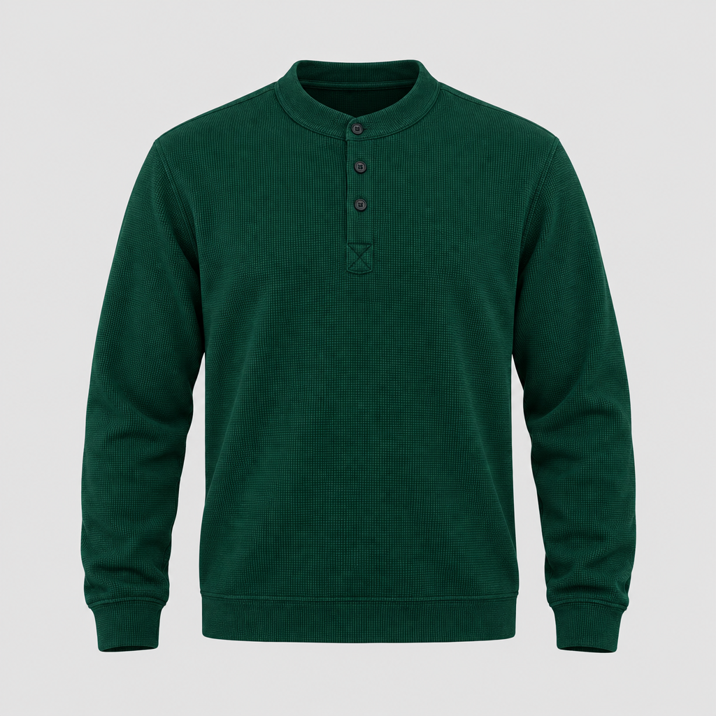 Ghost mannequin view of a dark green textured long-sleeve pullover with button neckline
