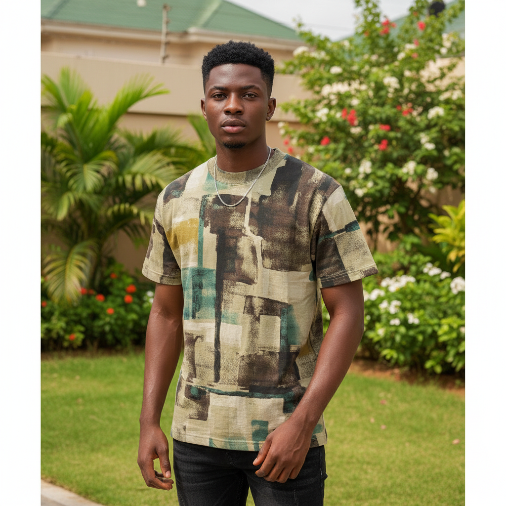 Nigerian male model wearing men's olive camo brushstroke print shirt