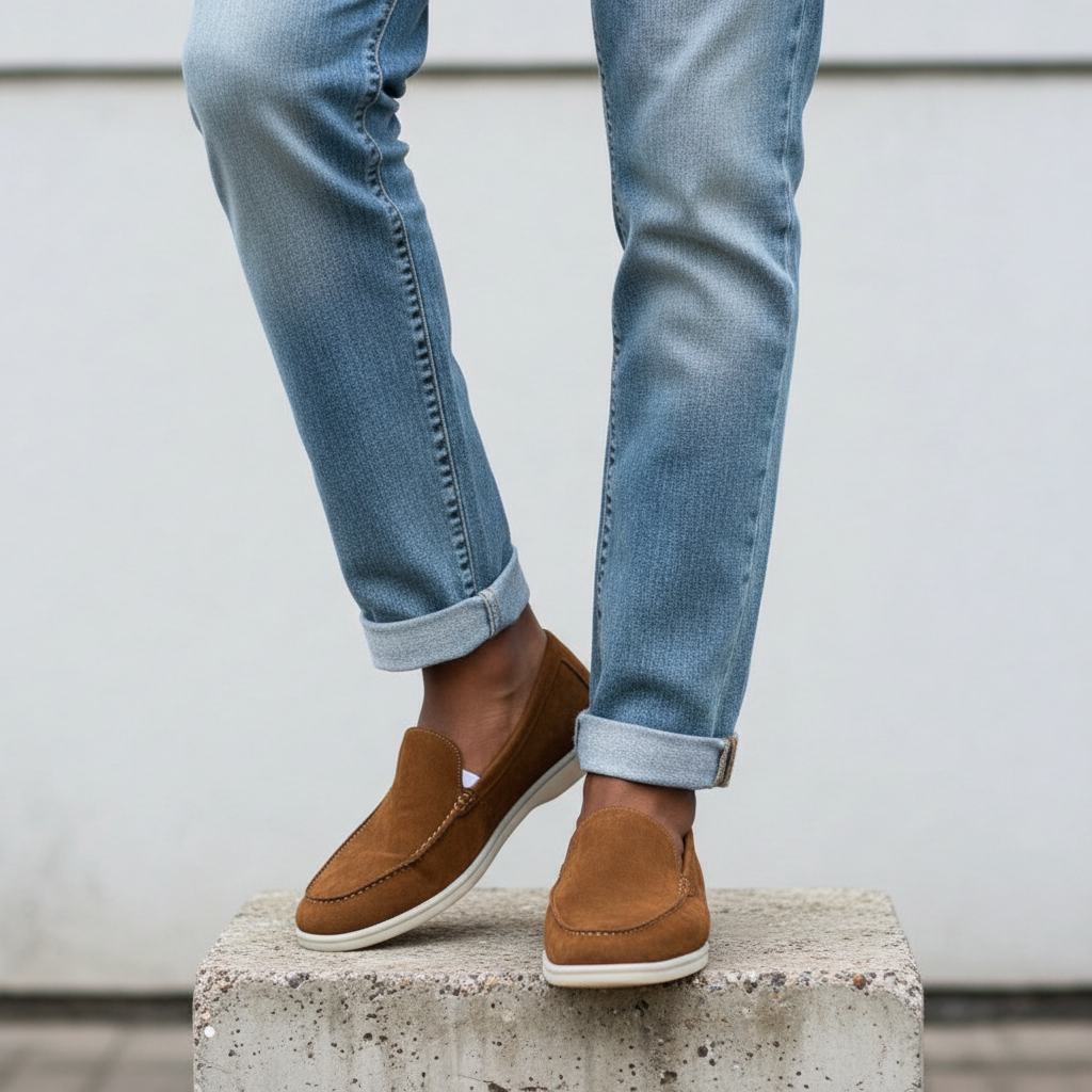 Leg-focused shot of tan brown suede slip-on loafers worn on both feet, Gen Z street style