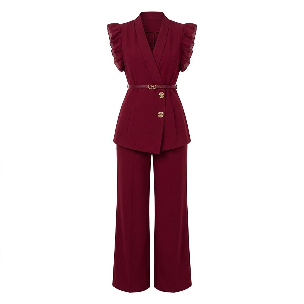Burgundy ruffle-shoulder belted top and wide-leg trouser set, mannequin view