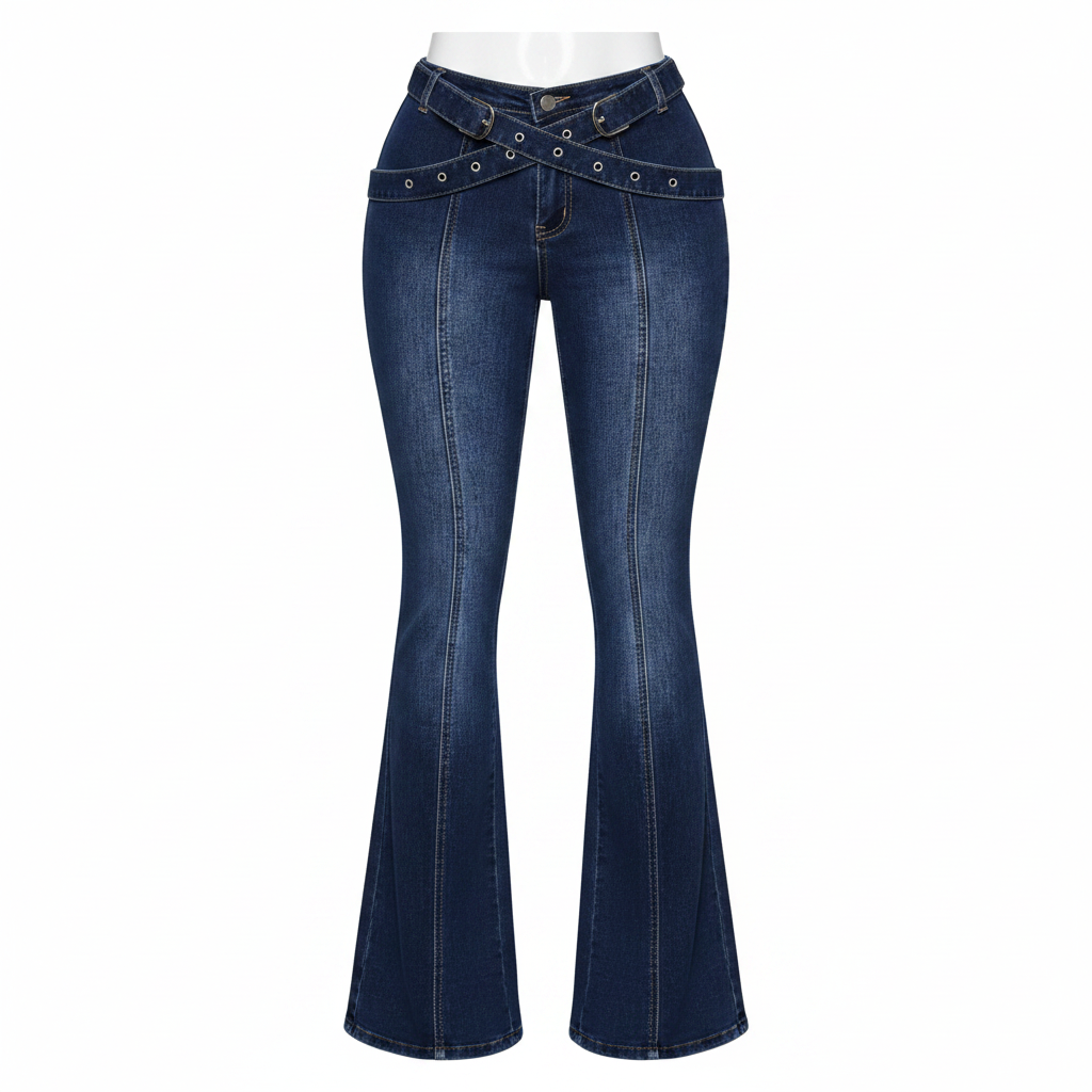 Dark Blue Crossover Waistband Flare Jeans - Ghost Mannequin Front