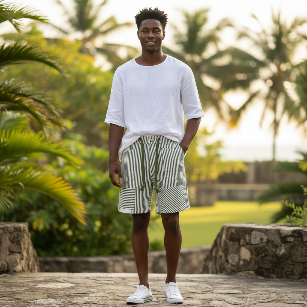Nigerian model wearing Olive Green & White Striped Patchwork Drawstring Shorts