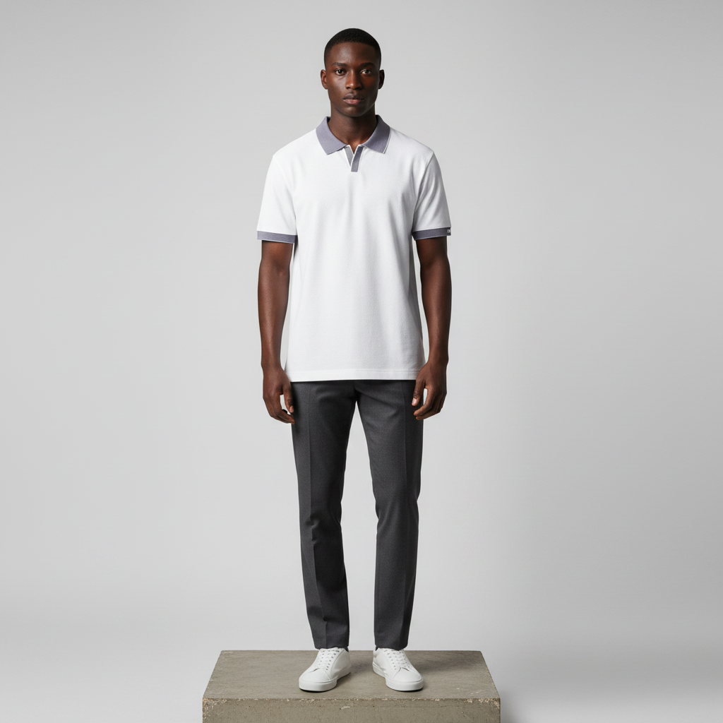 White Piqué Contrast Collar Polo Shirt - Model Front