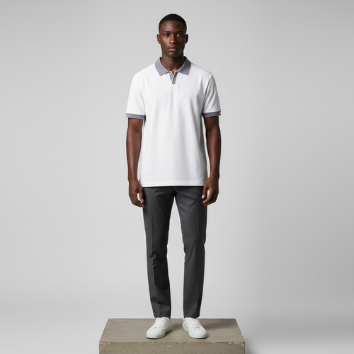 White Piqué Contrast Collar Polo Shirt - Model Front