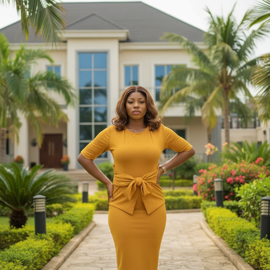 Women's Mustard Yellow Bow-Waist Short-Sleeve Midi Dress – Nigerian Female Model