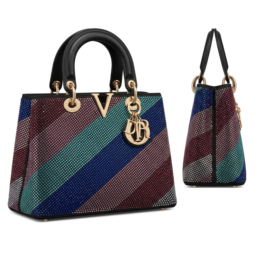 Multicolour diagonal-stripe embellished handbag front and visible side views on white