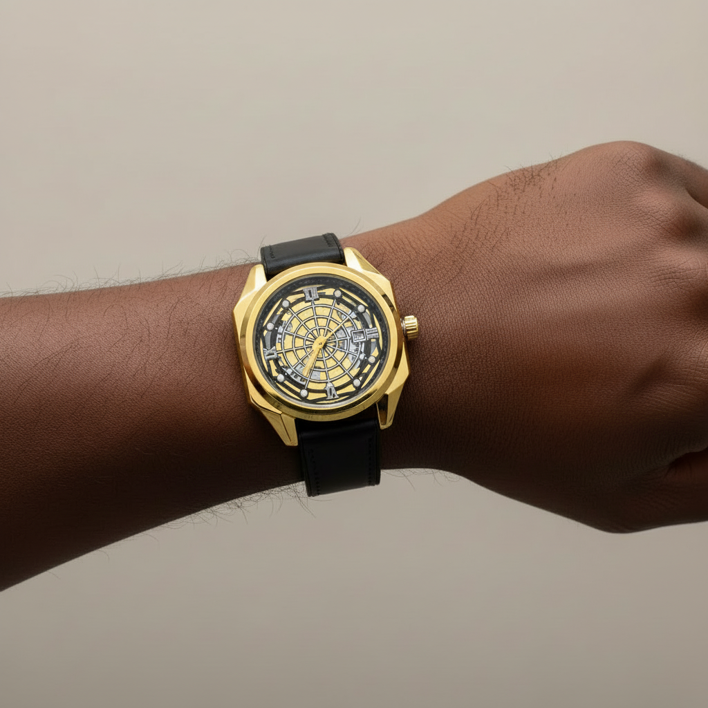 Gold-tone geometric dial wristwatch worn on a Black man's wrist
