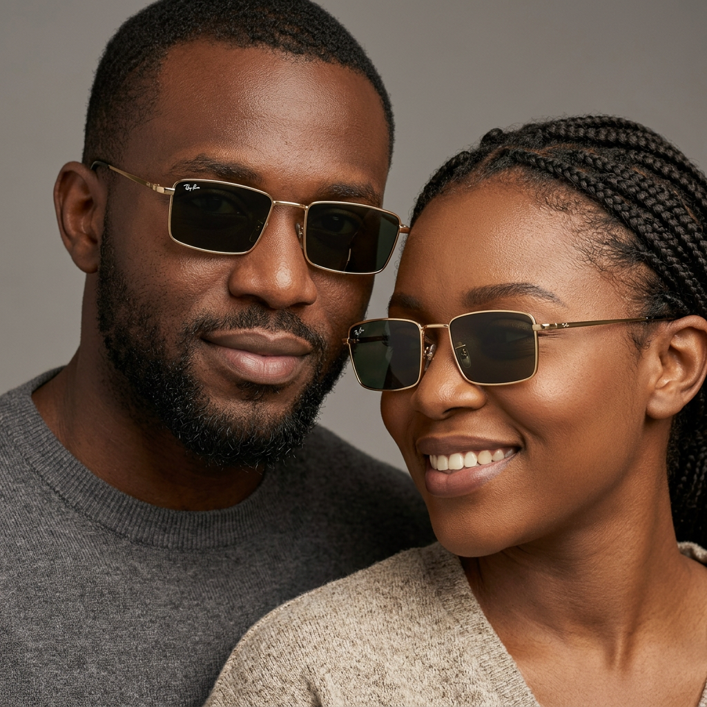 AI-generated adults wearing gold-tone rectangular sunglasses