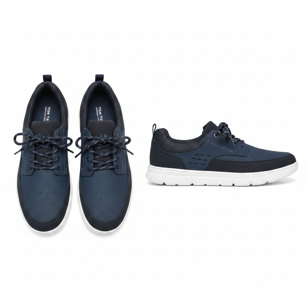 Men's navy blue suede low-top lace-up casual sneaker ghost mannequin front and side view pair
