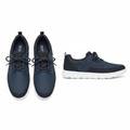 Men's navy blue suede low-top lace-up casual sneaker ghost mannequin front and side view pair