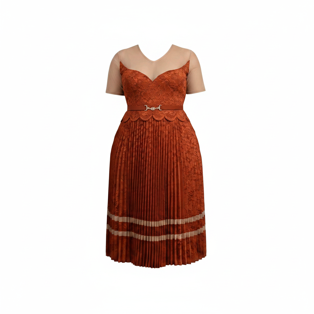 Rust orange lace sweetheart pleated midi gown with scalloped waist and gold belt, ghost mannequin view