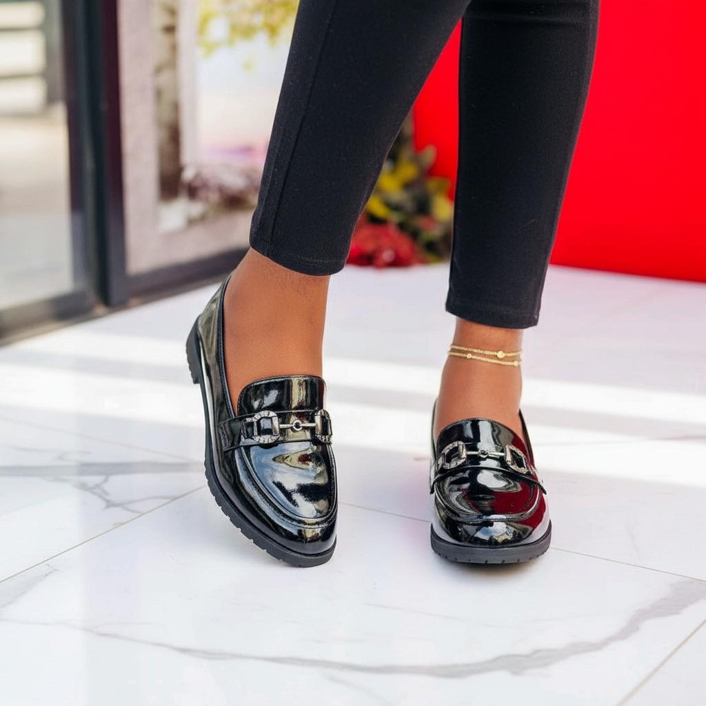 Layinka Store Black Mirror Patent Horsebit Loafers – Model Shot