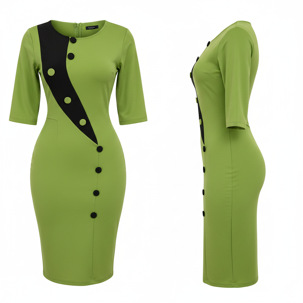 Women's Lime Green & Black Colour Block Button Midi Dress – Ghost Mannequin Front and Side View