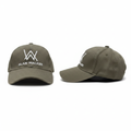 Olive green Alan Walker AW logo embroidered baseball cap – ghost mannequin front and side view