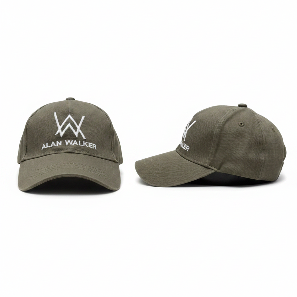 Olive green Alan Walker AW logo embroidered baseball cap – ghost mannequin front and side view