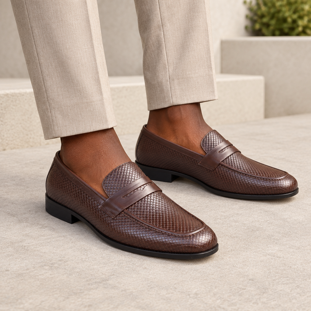 Black model wearing dark brown men's embossed-texture loafers