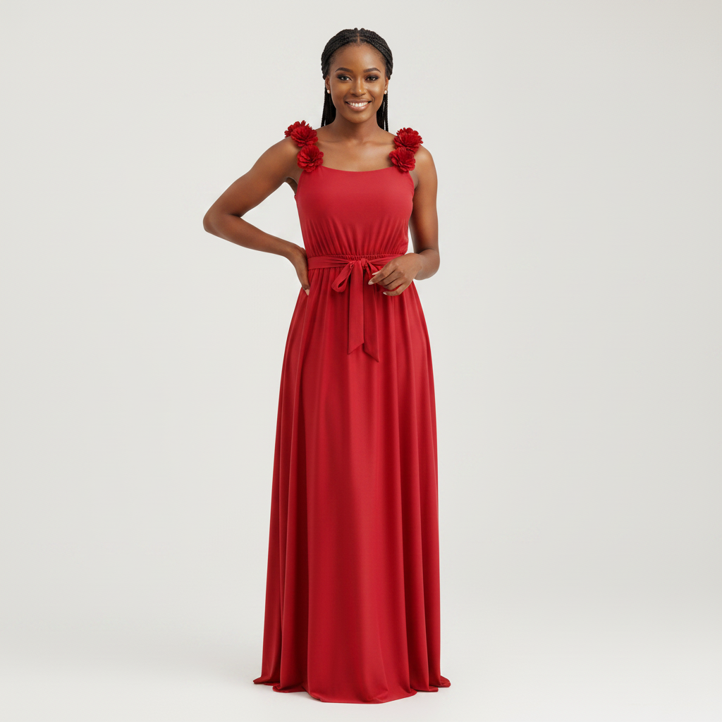 Red Floral Strap Maxi Dress - Front Model