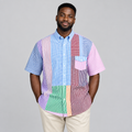 Nigerian male model wearing multicolor patchwork short-sleeve shirt