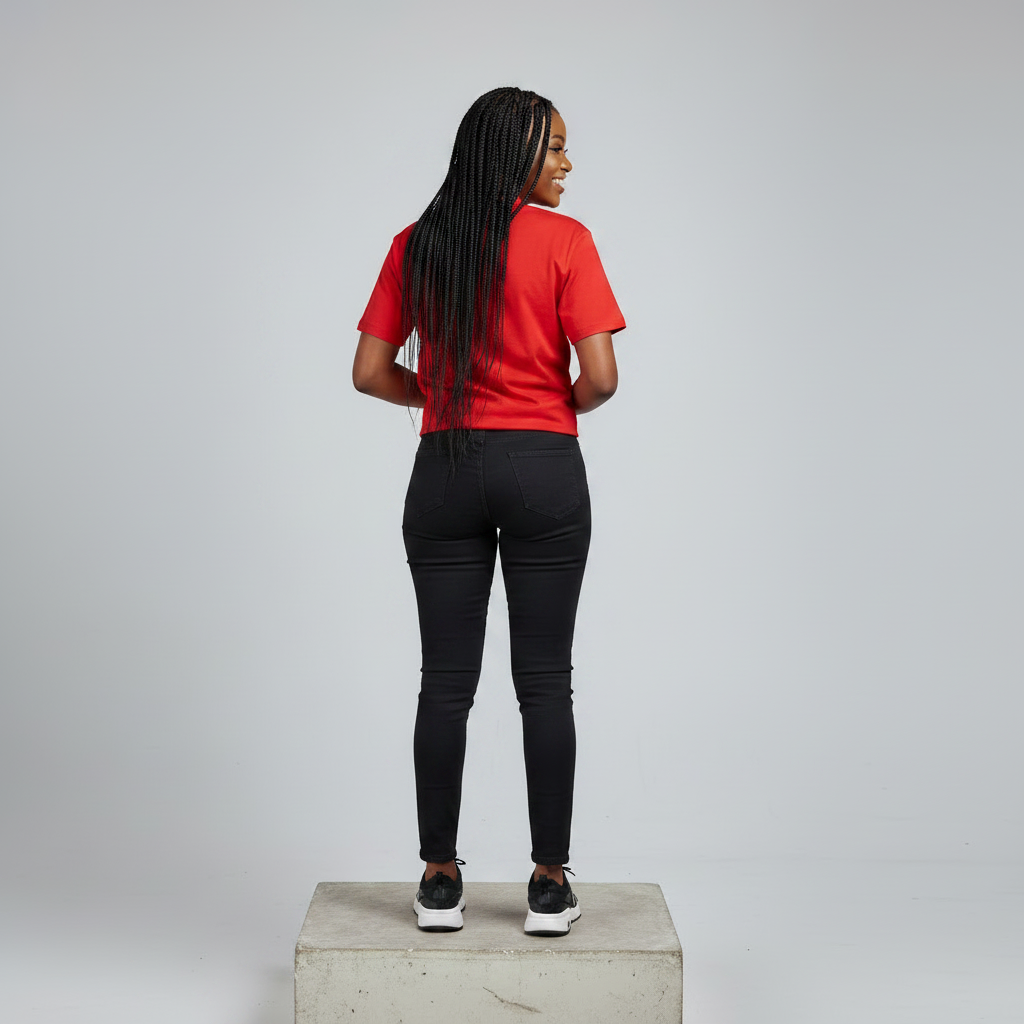 Nigerian female model back view wearing plain red T-shirt with black trousers - consistent model