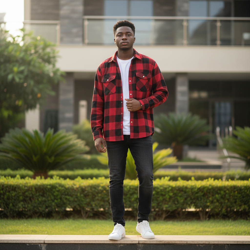 Young Nigerian male wearing bold red and black buffalo check flannel oversized long sleeve shirt