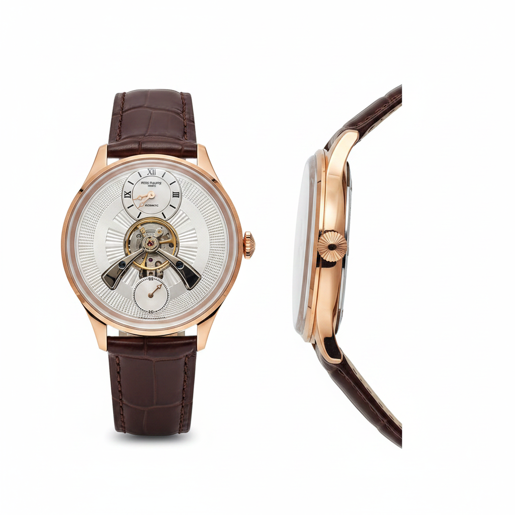 Men's white guilloche rose gold skeleton watch – front and side ghost mannequin view