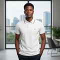 Young Nigerian male model wearing white tipped collar polo shirt