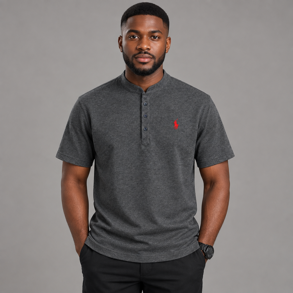 Model wearing charcoal grey stand-collar shirt with red chest detail