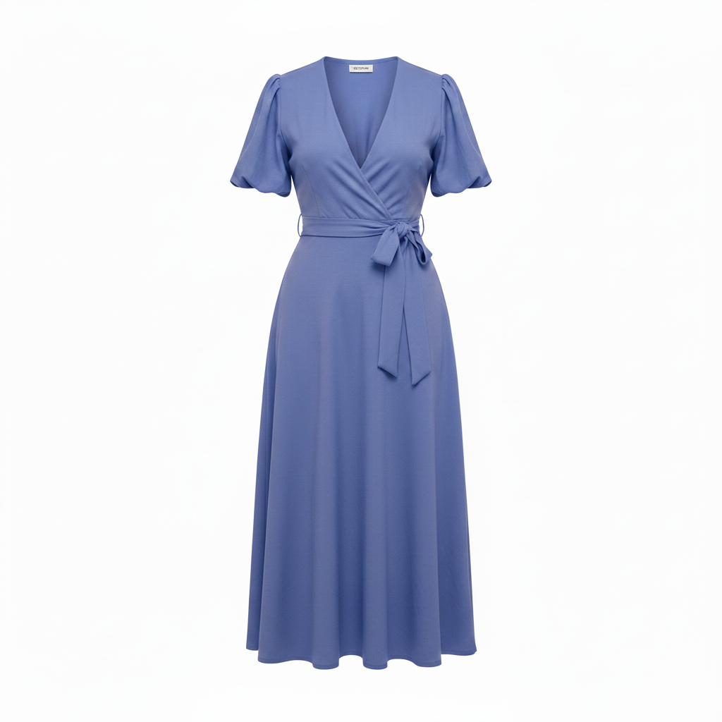 Women's blue puff sleeve wrap midi dress – ghost mannequin view
