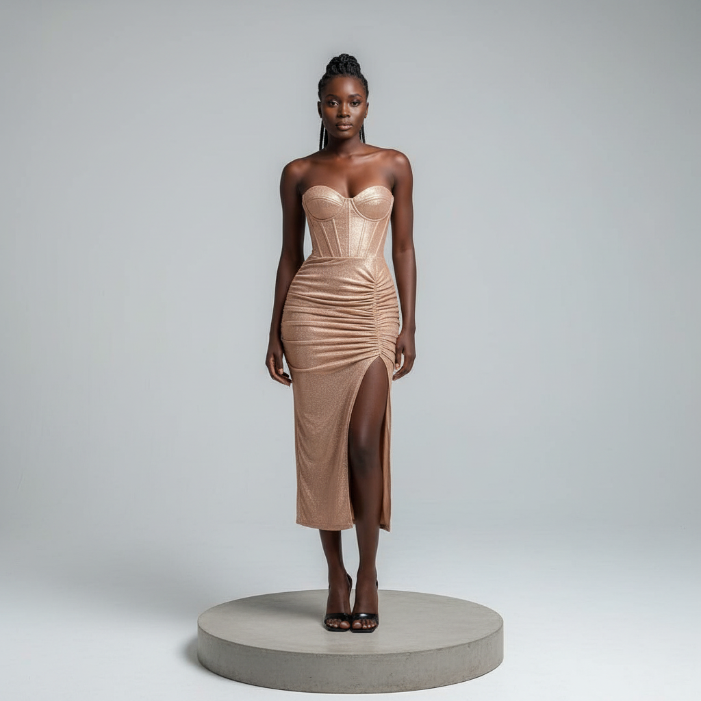 Rose Gold Metallic Corset Split Midi Dress – Model Shot