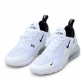 White mesh lace-up sneakers with black details and translucent grey heel units