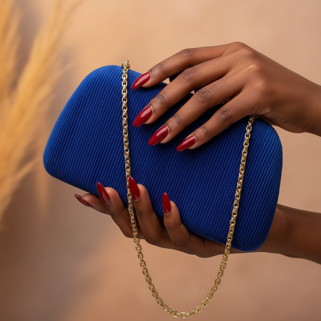 Black Nigerian woman's polished hand holding Enemuo Ribbed Velvet Ball-Clasp Box Clutch