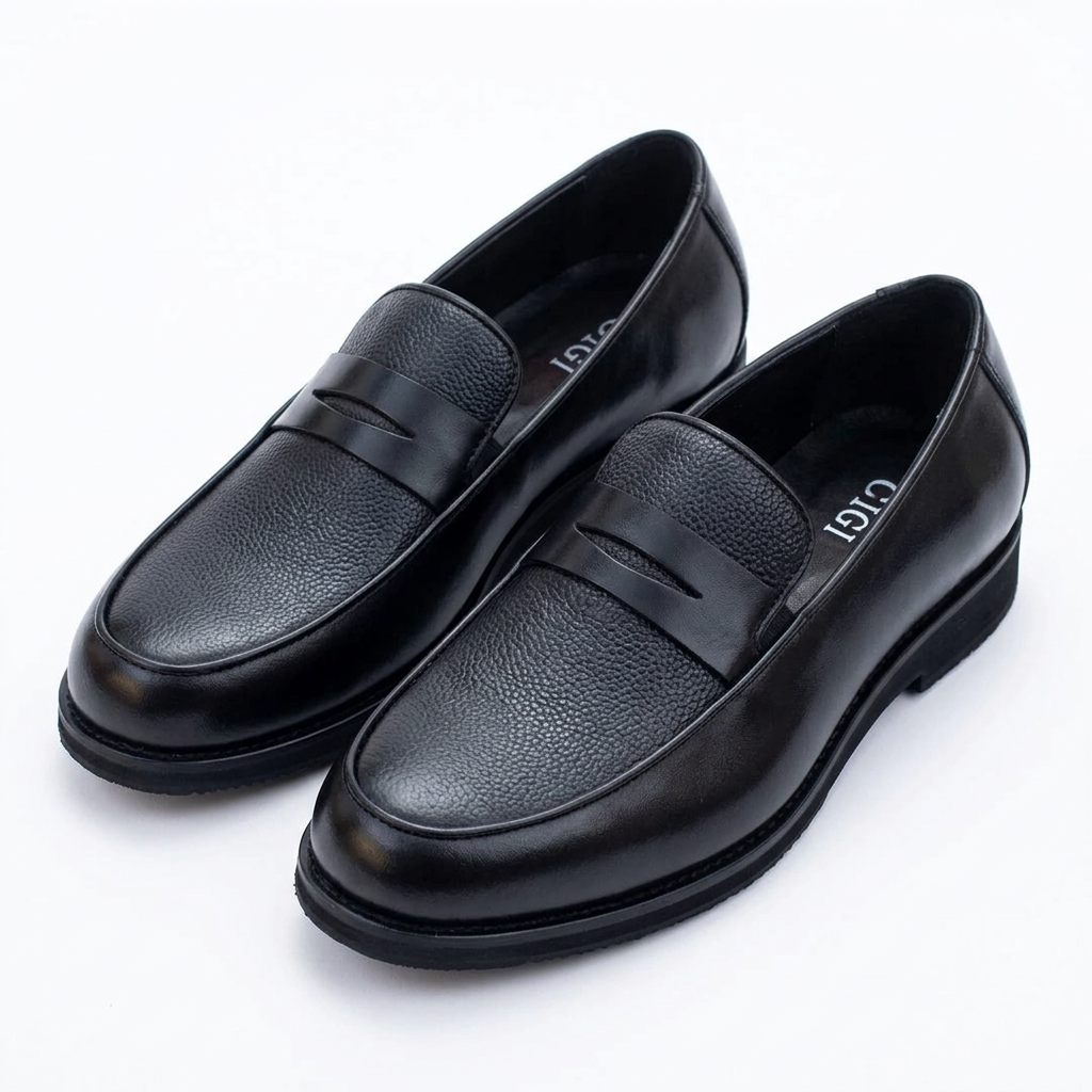 Black penny loafers with textured toe panels and smooth sides