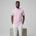 Nigerian male model wearing pink gingham short-sleeved shirt
