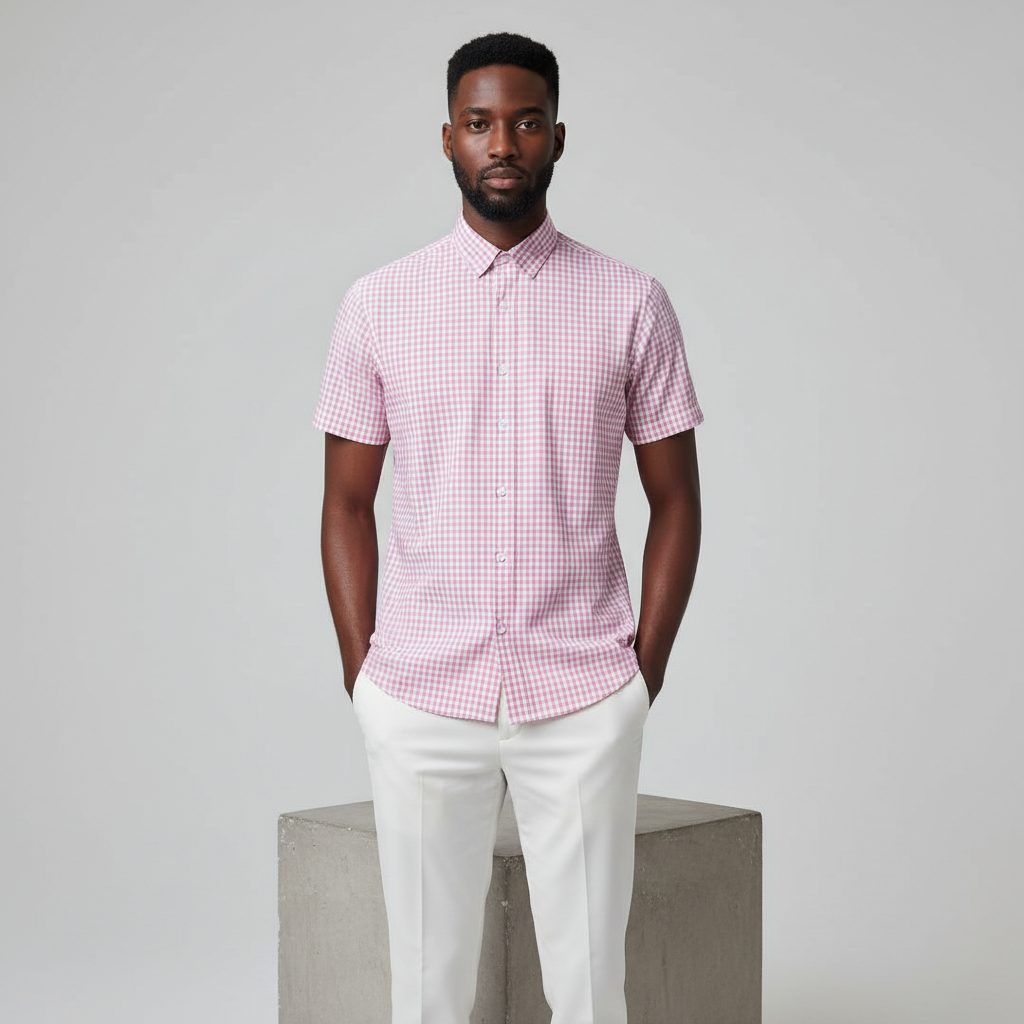 Nigerian male model wearing pink gingham short-sleeved shirt