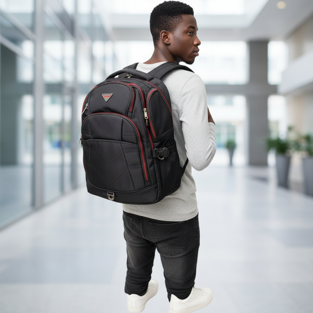 Sobar black laptop backpack red zip worn by Black Nigerian student in modern setting