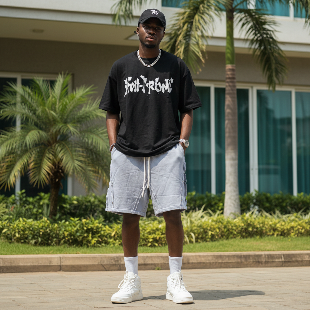 Nigerian male model wearing slate grey snap-button panel distressed sweat shorts — full body streetwear shot