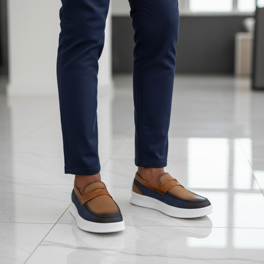 Tan Navy Two-Tone Leather Penny Loafer - Model Shot
