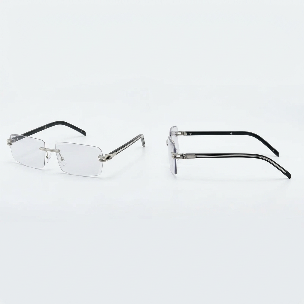Front and side views of rimless rectangular eyeglasses