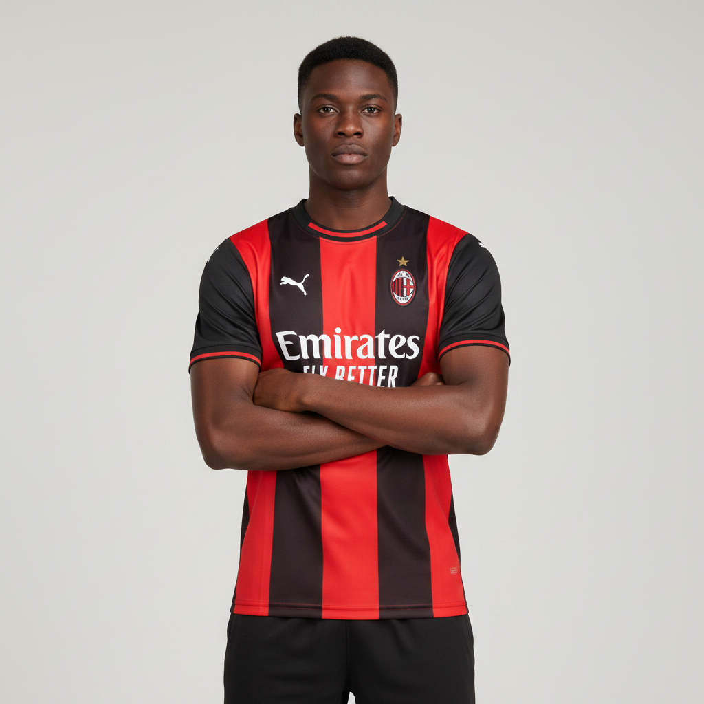Nigerian male model wearing AC Milan home jersey
