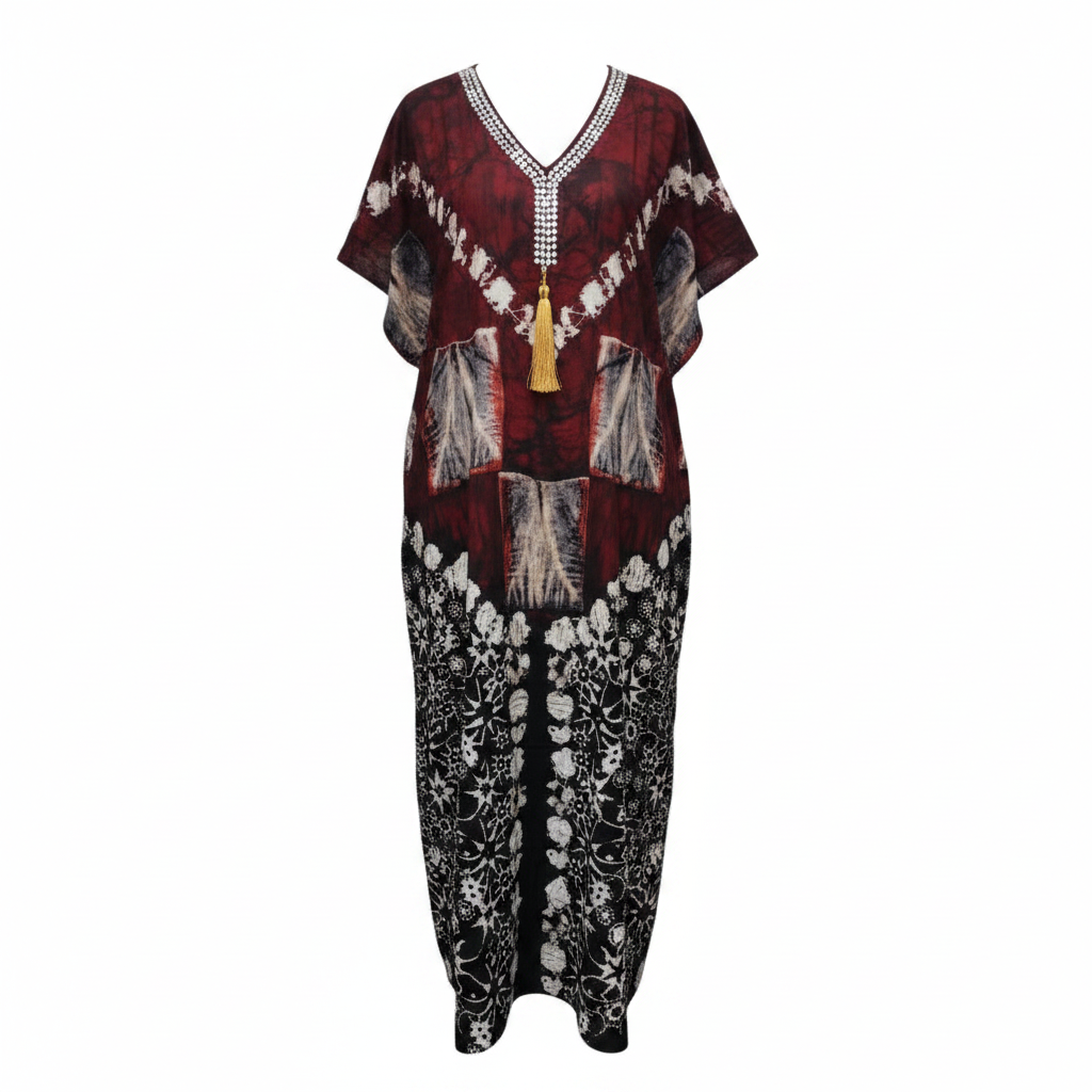 Ghost mannequin view of Burgundy Adire Long Bubu Gown with rhinestone V-neckline and gold tassel