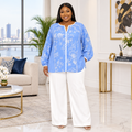Model wearing sky blue floral pinstripe blouse