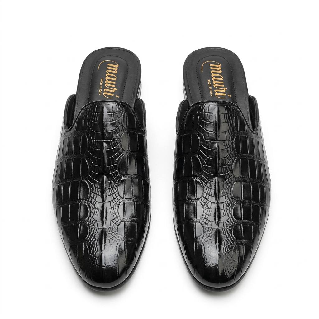 Men’s black crocodile-effect backless mule shoes on a white background