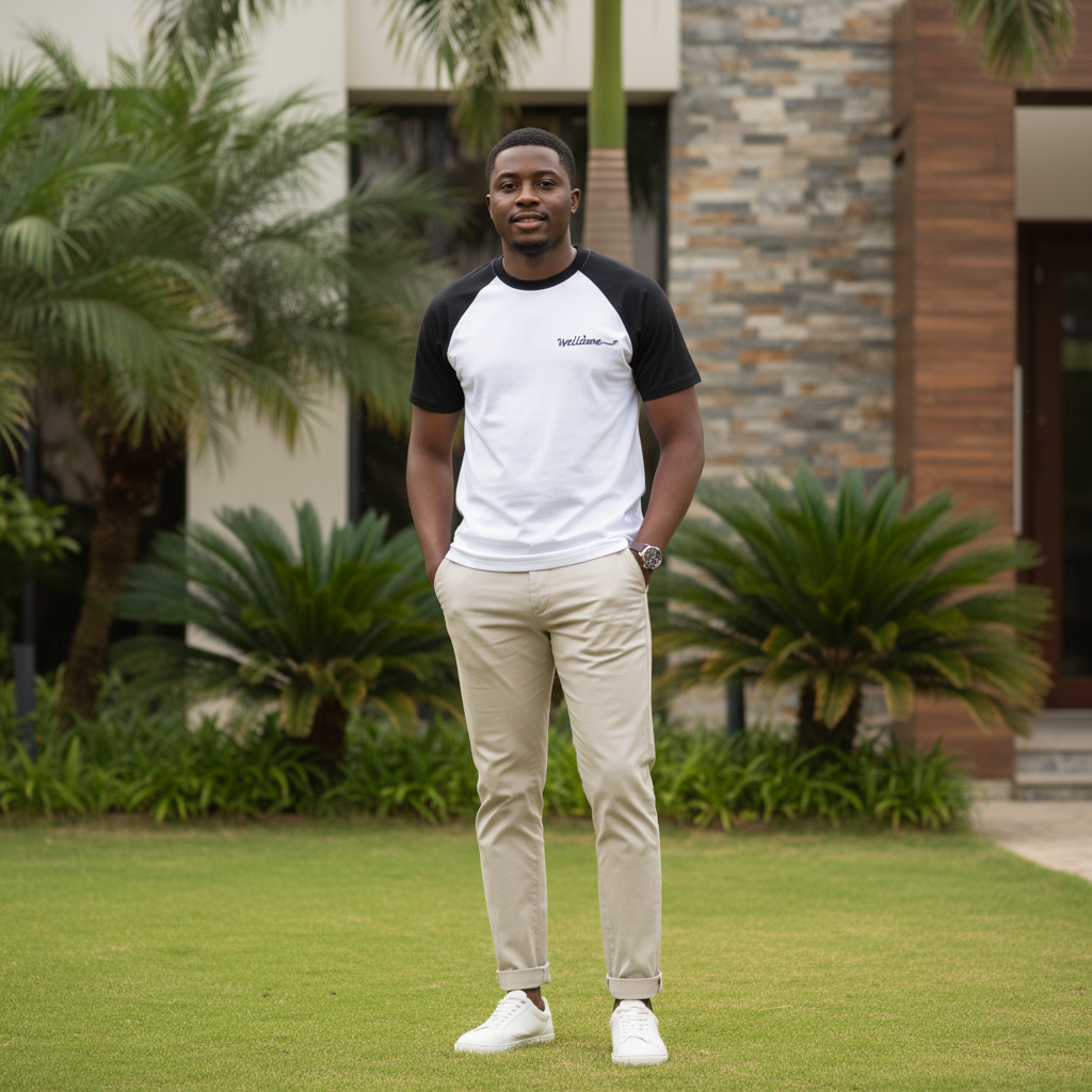 Men's white and black raglan body-hug tee - Nigerian male model shot