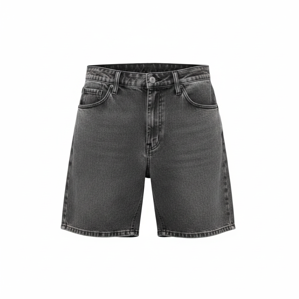 Charcoal grey acid wash denim shorts ghost mannequin — front view, relaxed fit, white background